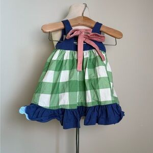 Green and Blue Checkered Kids Dress with Pink Bow